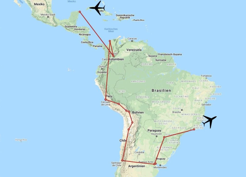 Chronologische Route für 50 Tage Lateinamerika